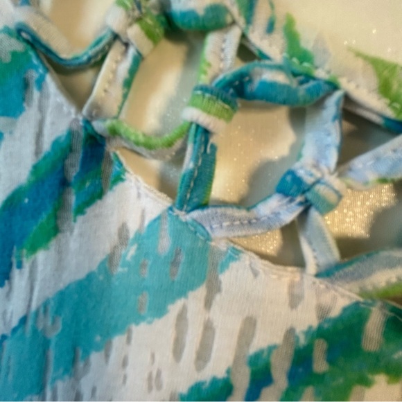 Alfred Dunner petite white blue green crossover stripes lattice lined tee Size L - Picture 2 of 12